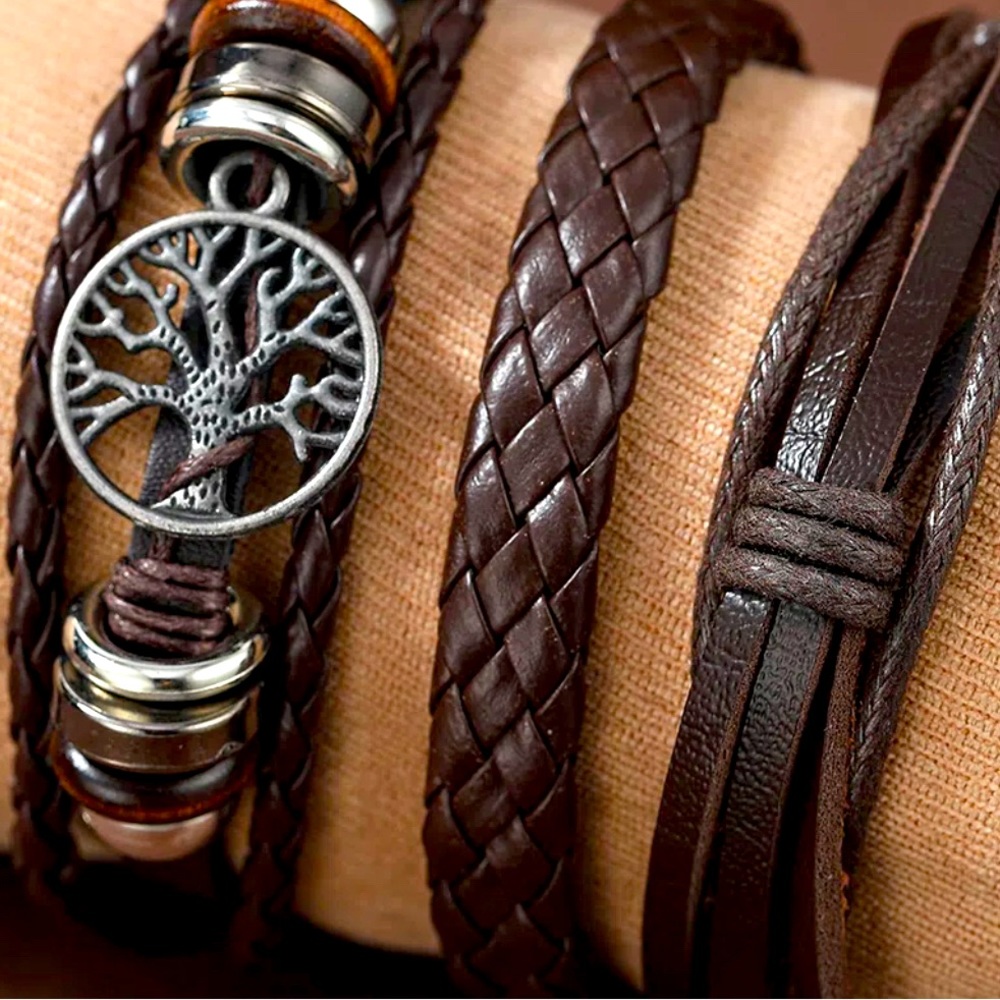 3pc Men’s Vintage Leather Bracelet Set - Dark Brown